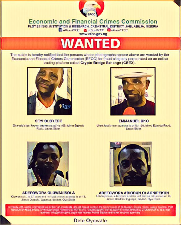 EFCC declares four suspects wanted over CBEX crypto fraud case.